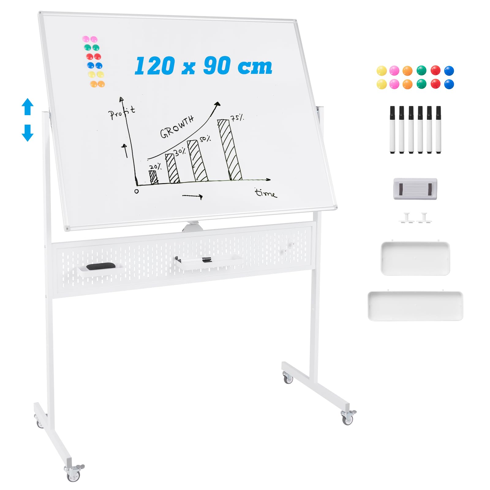 GOPLUS Doppelseitiges Whiteboard mit Ständer 120 x 90 cm, höhenverstellbar, Trocken abwischbar, Magnetisches Whiteboard mit Zubehör Set für Büro, Klassenzimmer & Zuhause (Weiß)