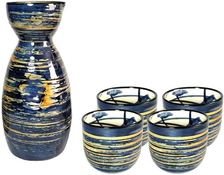 Sake Set Japanese Sake Cup Set Brushed Blue Traditional Hand-Painted Design Porcelain Pottery Ceramic Cup Crafts 5 Pieces Wine Set