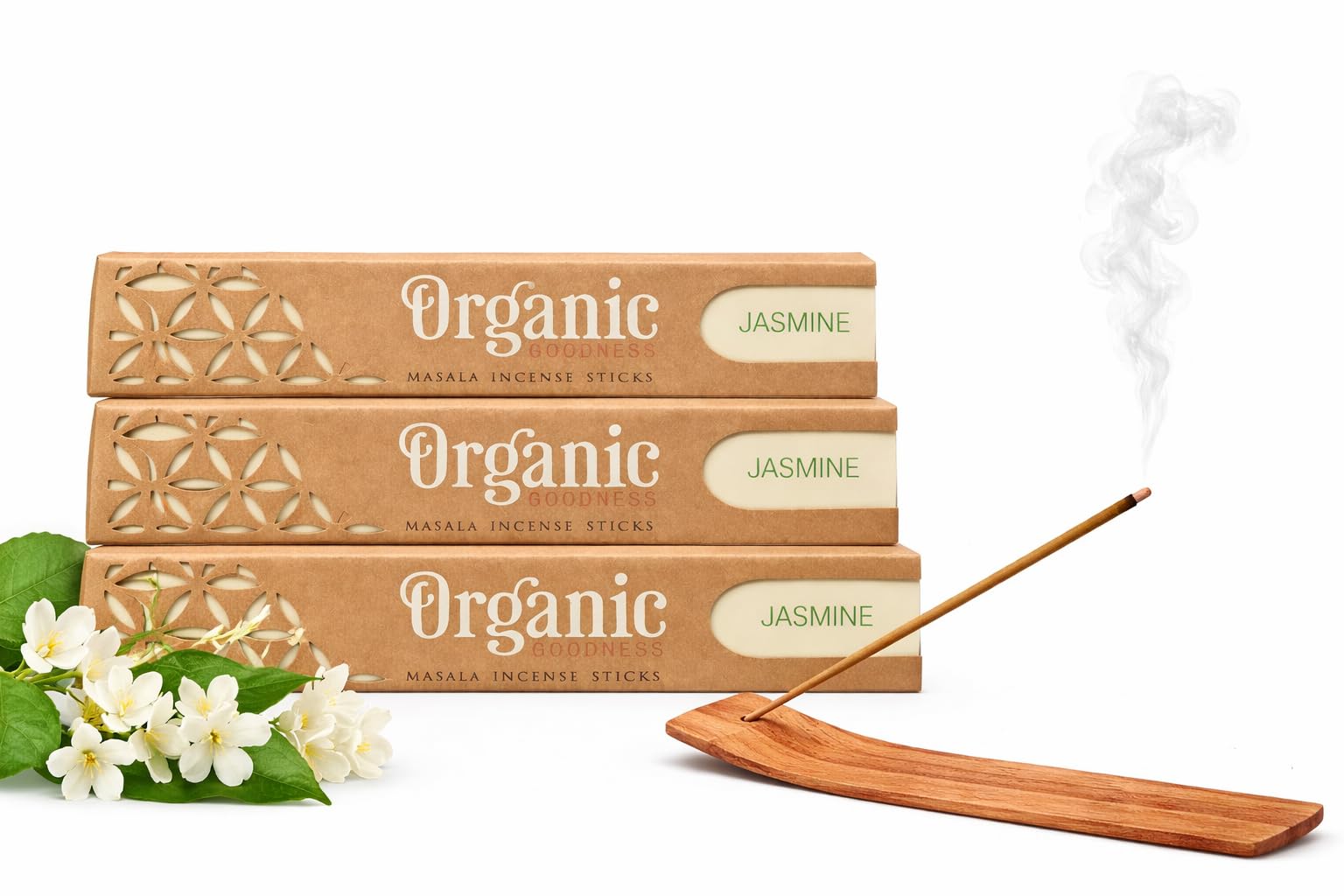 Organic Goodness Jasmine Masala Incense Sticks 3 Pack With Wooden Holder, Slow Burn Hand Rolled Sticks For Home Fragrance Meditation Yoga, Includes Jrose Burner