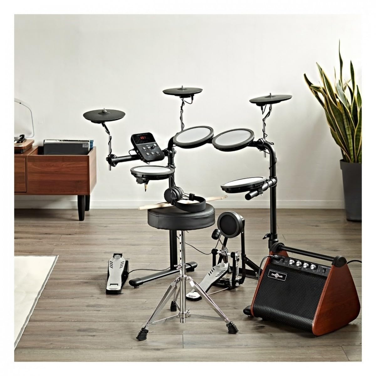 VISIONDRUM+ Batería Electrónica 8 Pads en Malla, Hi-Hat, Kick y Ampli | Kit de Batería Eléctrica Adultos y Niños, Altura Regulable, Diseño Plegable, Ampli, Auriculares, Taburete y Baquetas