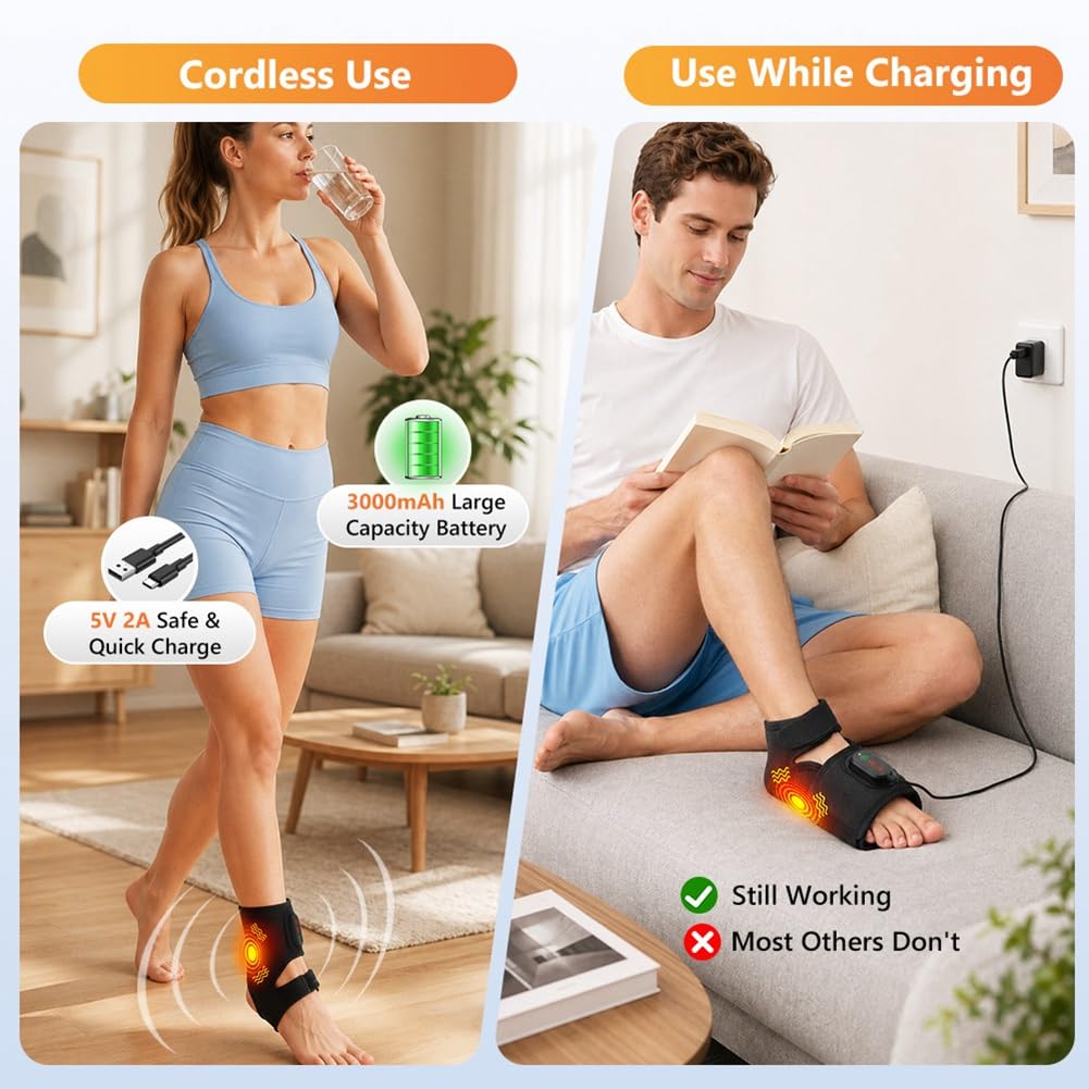 Elektrischer Fußmassager Kabellos Beheizt Knöchelkompressionswickel 3 Heizstufen & Vibrationsmassage Kabelloser Fußmassager mit Drahtloser Heizung & Massage mit App Steuerung