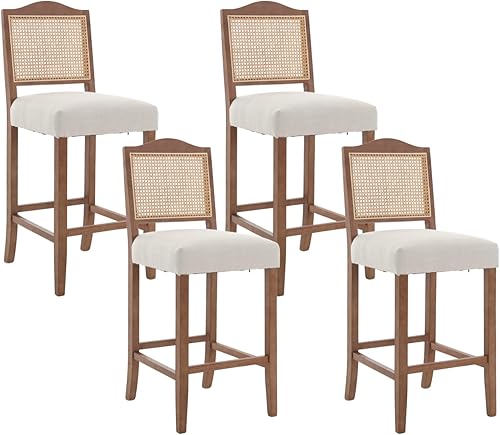 Miniatura 8 de Juego de 2 taburetes de bar de ratán con respaldo de madera, sillas altas tapizadas para desayuno, taburete de isla de cocina para el hogar, barpub,