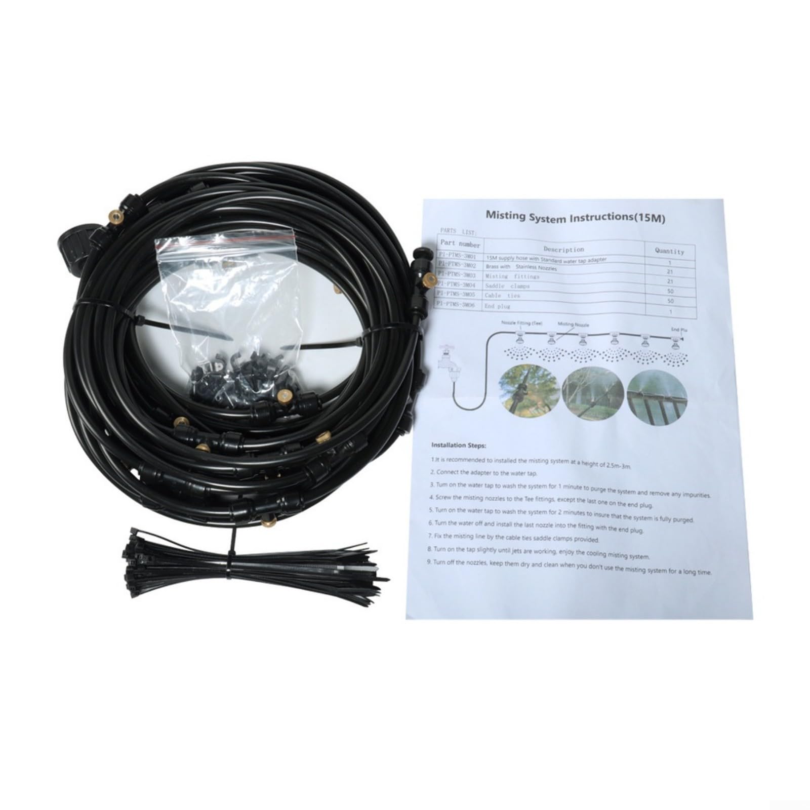 Système de refroidissement brumisateur de jardin, 6 m/9 m, kit de pulvérisation d'eau avec buses en laiton, pour contrôle de la poussière et irrigation des plantes, noir (ensemble de 9 mètres