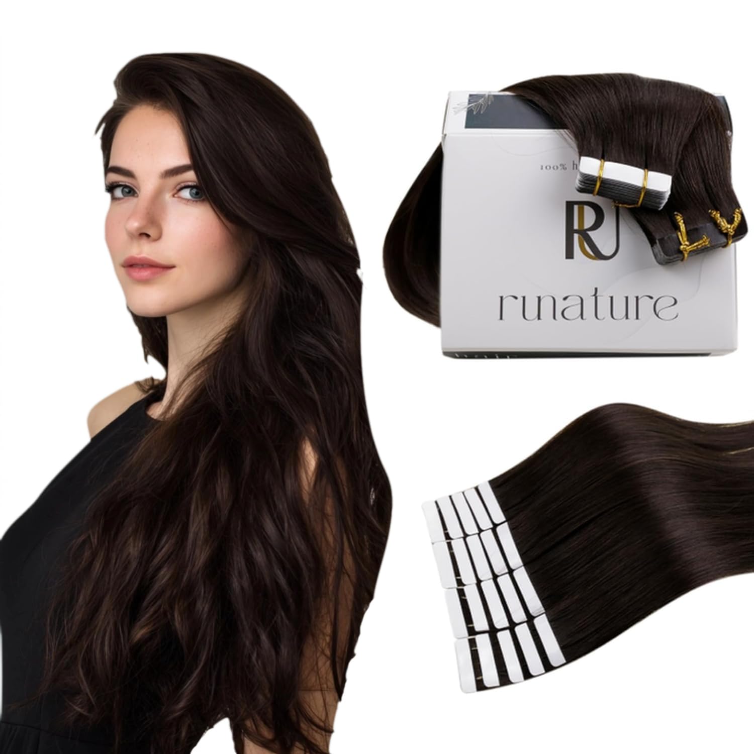 RUNATURE 18 Inch Tape in Hair Extensions Human Hair Dark Brown Tape Hair Extensions Real Human Hair Invisible Tapes Remy Straight Darkest Brown Hair 20pcs 50g #2