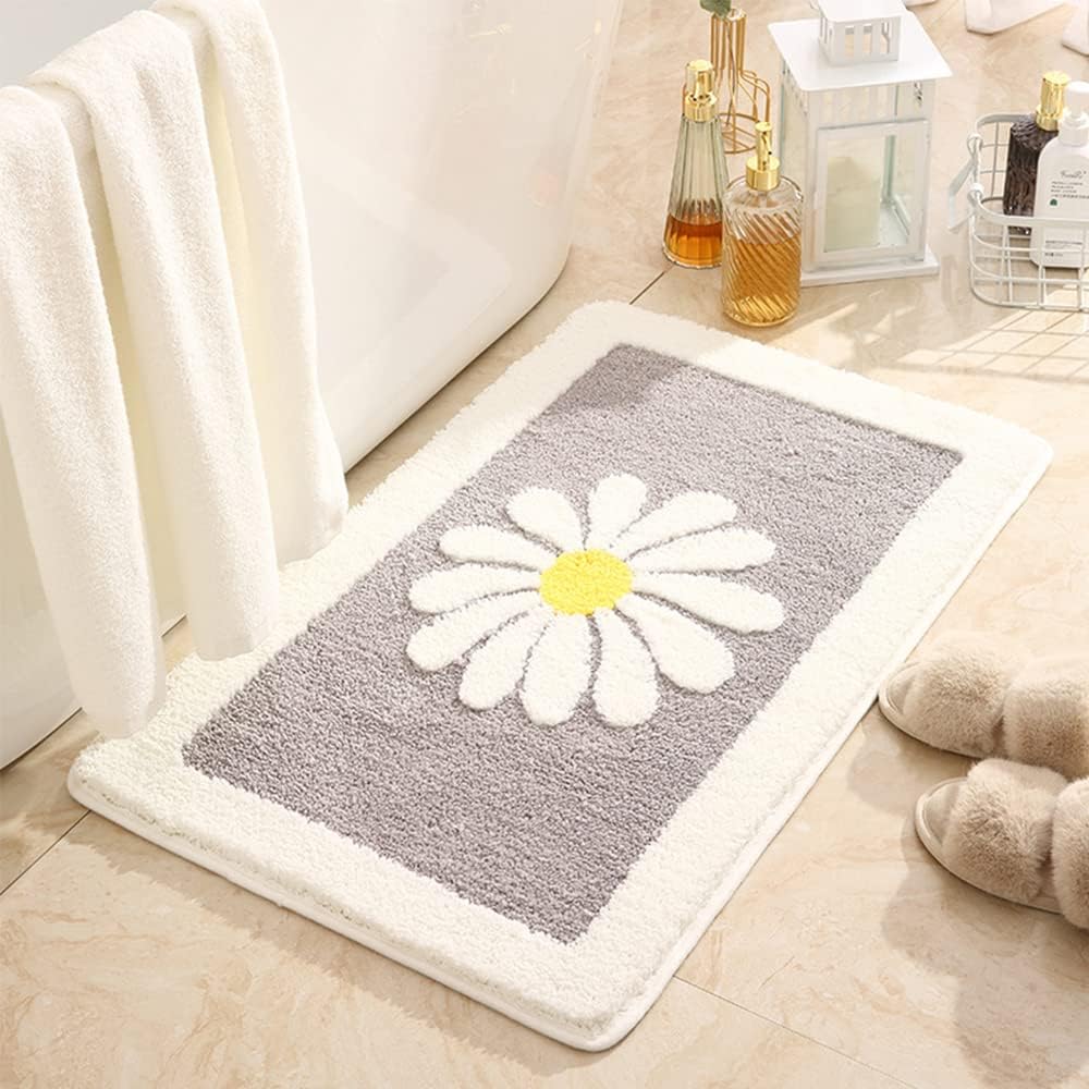 Hi Space Bathroom Rugs 31.5x19.7IN Grey Bath Mat for Bathroom Non Slip Machine Washable Soft Microfiber Absorbent Cute Daisy Floral Bath Rug Plush for Tub Shower Sink Fluffy Home Decor Accessories