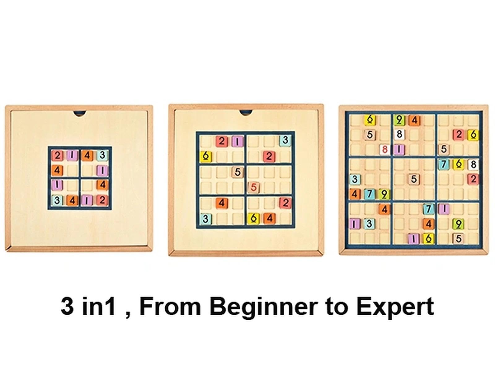 BOHS 3-en-1 Sudoku de Madera - Juego Educativo para Niños con 320 Rompecabezas, Niveles Fácil a Difícil, Incluye Fichas Multicolores - Juguete de Escritorio