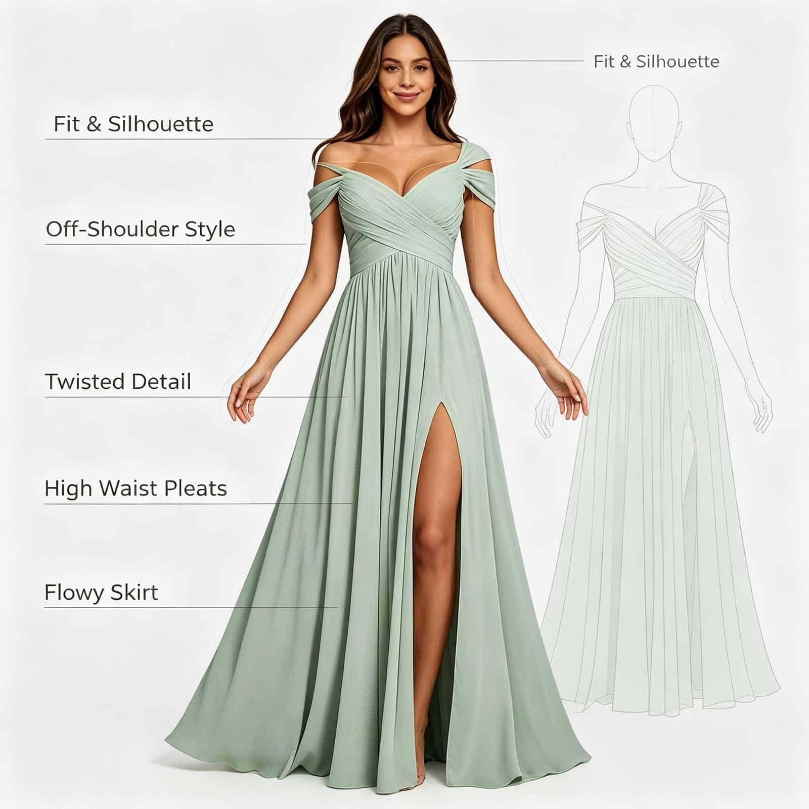 Vestito da Sposa Lungo Chiffon Spalle Scoperte V-Croce Alta Fenditura