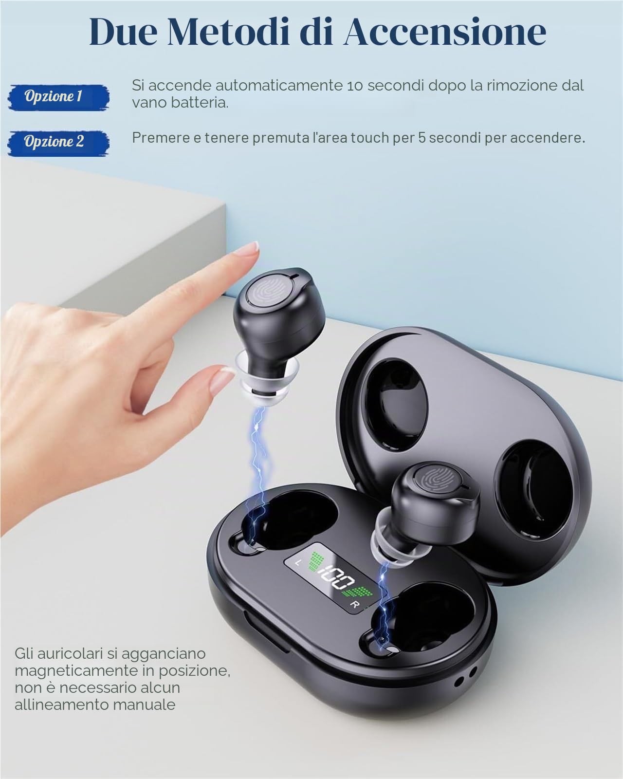 Amplificatore audio personale intelligente, design semi-intra-auricolare leggero, riduzione intelligente del rumore, avvio senza commenti, regolazione del volume touch, ideale per migliorare l'ascolto