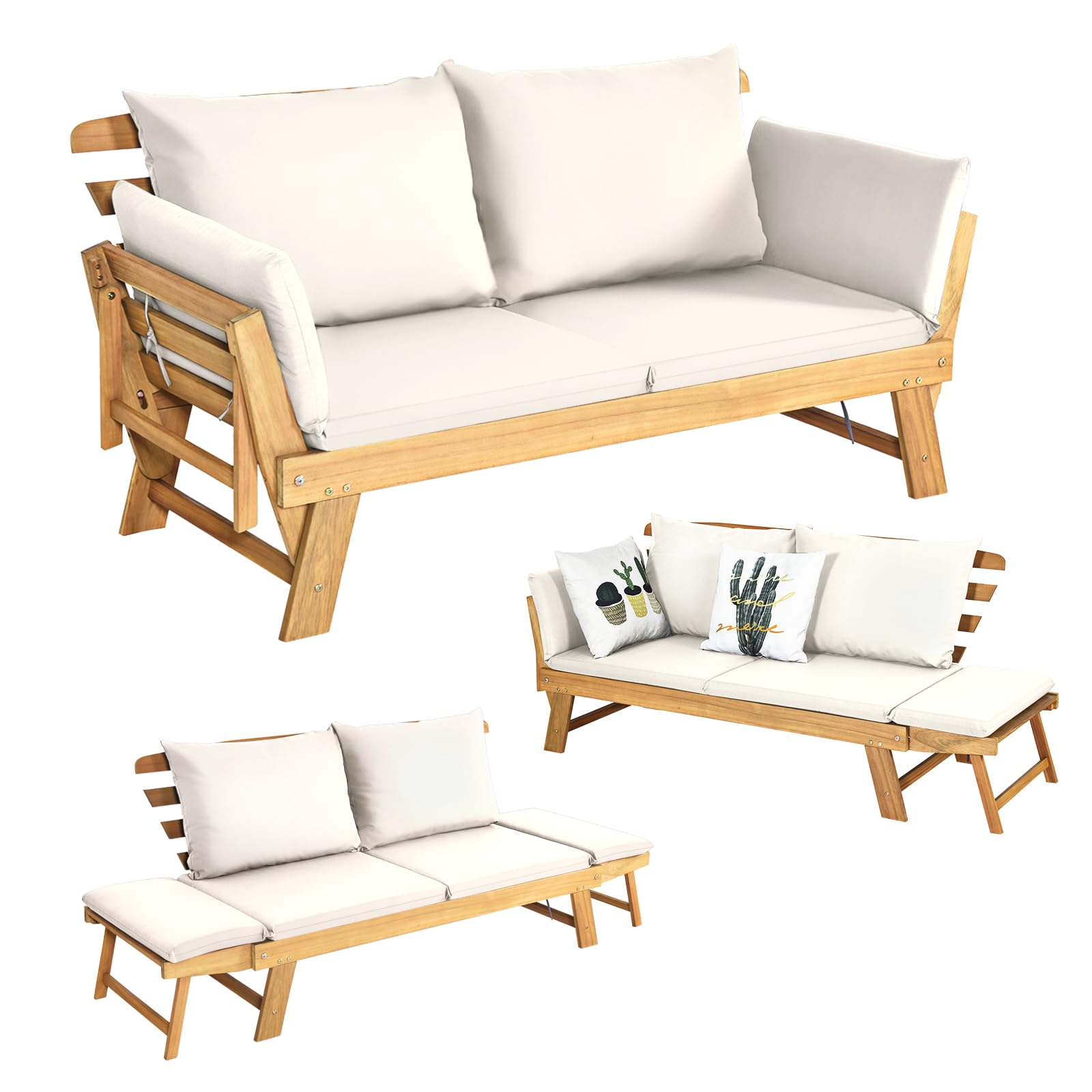 COSTWAY 3 en 1 Canapé Lit de Jardin Convertible, Canape Exterieur 2-4 Places en Bois d’Acacia, Charge 320 KG, Accoudoir Réglable, Coussins Amovible & Lavable, pour Salon Porche Balcon (Blanc)