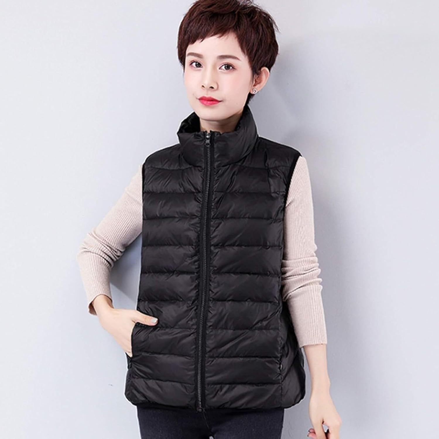 [ZKYSO] ダウンベスト レディース 軽量 スタンドカラー ショート かわいい チョッキ ライト軽い あたたかい ノースリーブ