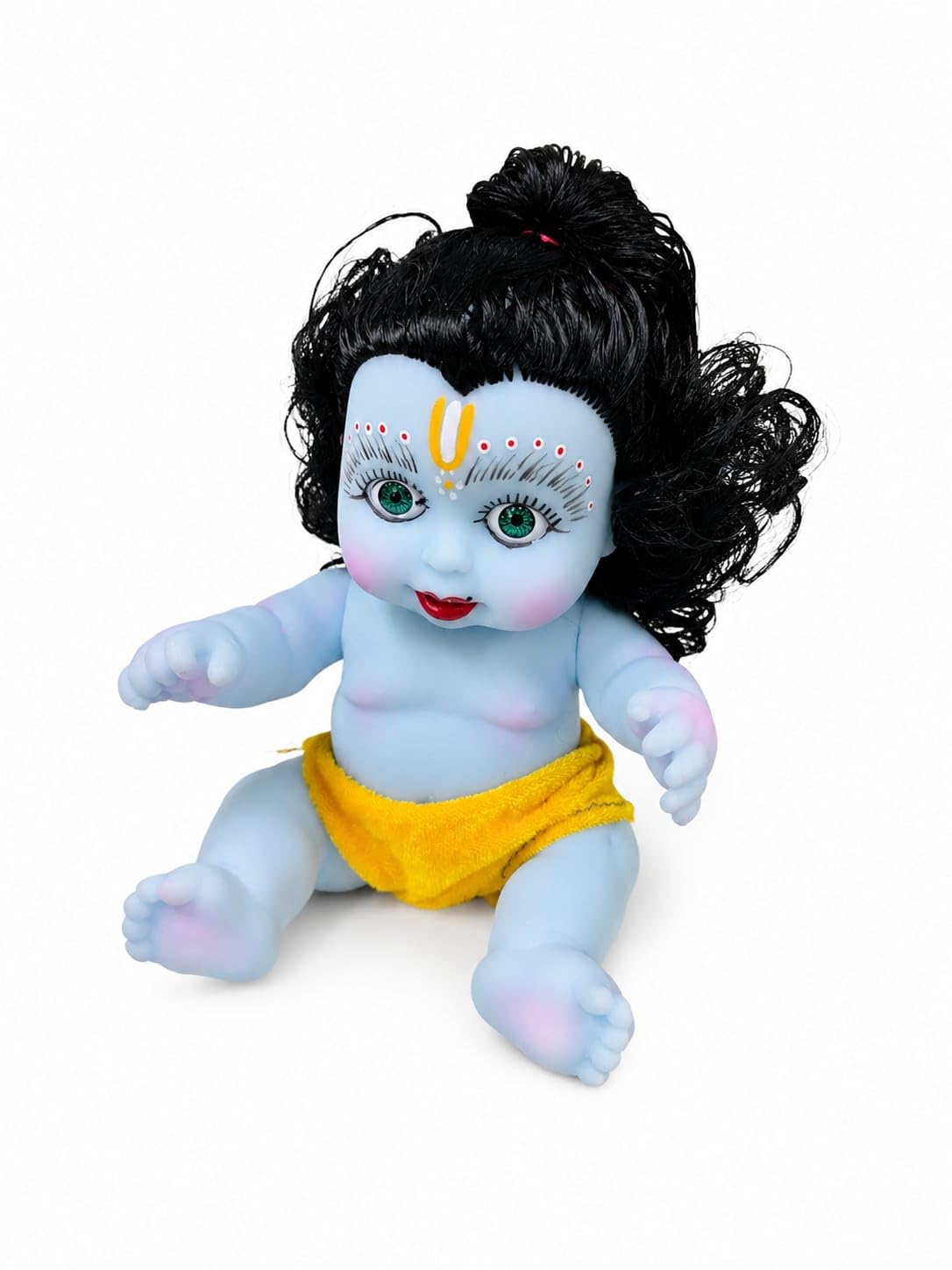 Baby Krishna Doll Toy, Blue, Soft Hair, Sitting Posture, Hindu God Theme, for Kids-image-16