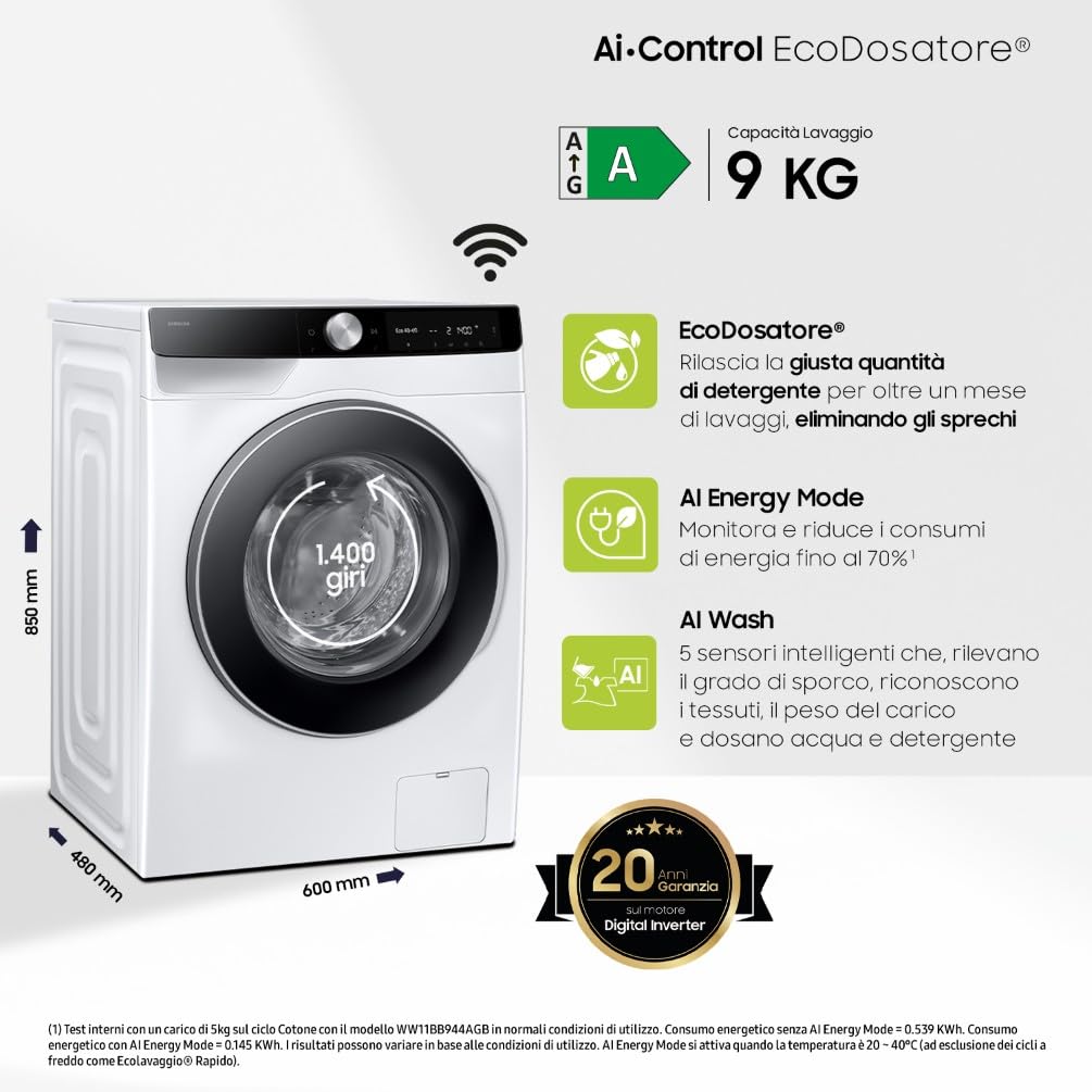 Samsung Lavatrice Slim AI Control WW90DG6G94LK/U3 Libera installazione, 9 Kg, Wifi, Ecodosatore, AI Energy Mode, Carica Frontale, Corpo: Bianco, Oblò e Pannello: Nero, 59,5l x 85h x 46,5p cm