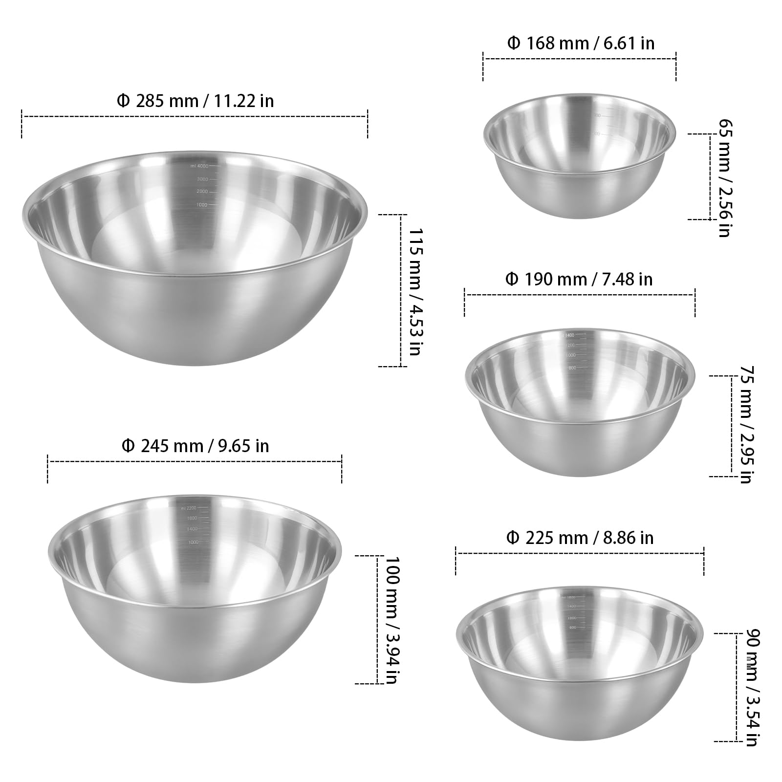 Juego de 5 Cuencos de Acero Inoxidable Apilables con Marcas de Medición - 800ml a 4000ml - Ensaladeras para Cocina, Mezclar y Servir - Apto para Lavavajillas