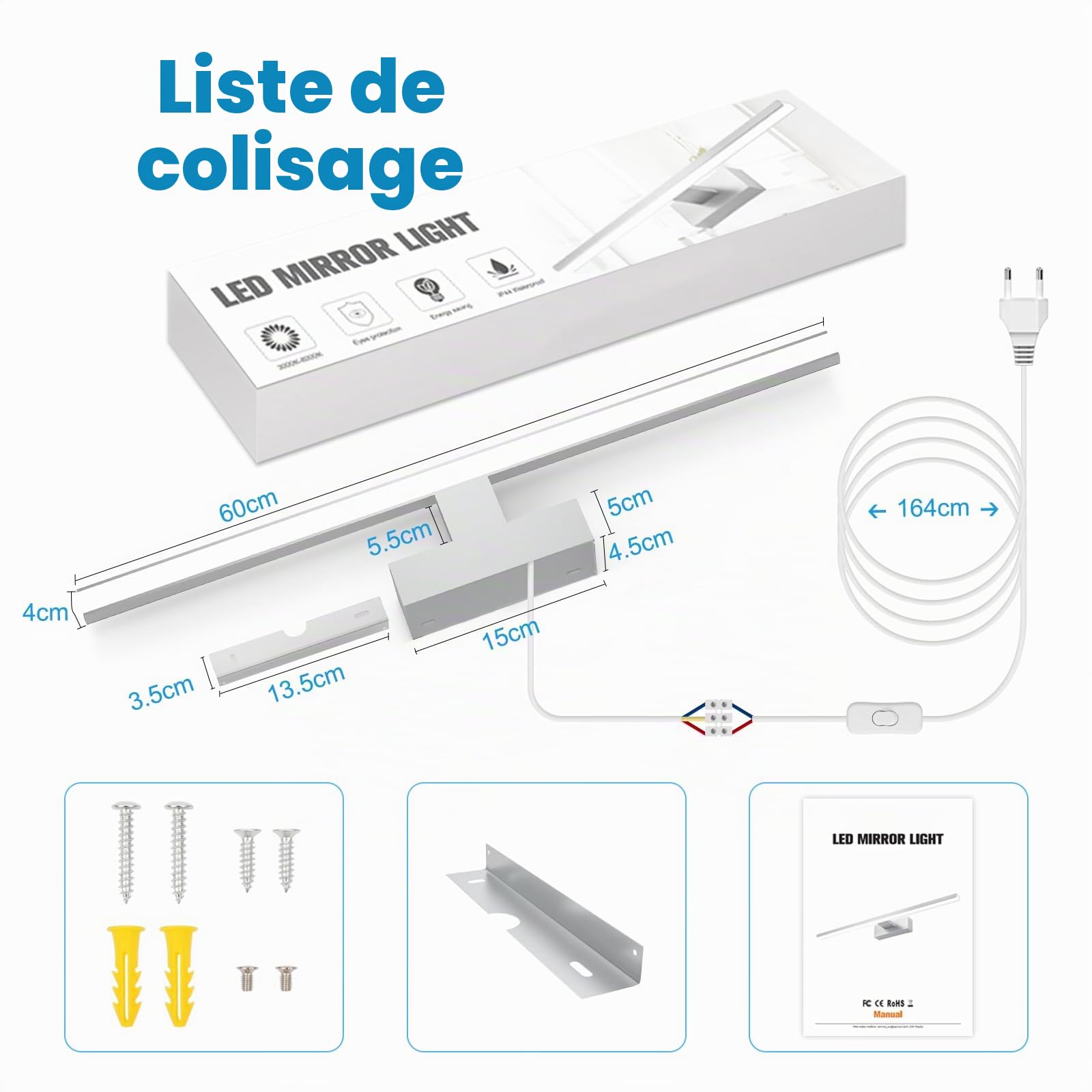 NIORSUN Lampe miroir de salle de bain LED 15 W 60 cm, 1400 Lm, gradation libre 3 000 K - 6 000 K, lampe de miroir dimmable avec télécommande, acier inoxydable, lumière miroir de salle de bain étanche