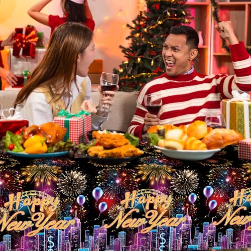 Image of Gistome 3-Piece 54 x 108 Inch Happy New Year Plastic Tablecloth - Fireworks and City Skyline Disposable Table Covers for New Year's Eve Parties, Countdown Celebrations, and Holiday Decorations