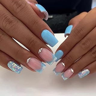 Light Blue Press on Nails Square Medium Fake Nails Nude False Nails Press ons with Rhinestones Glitter Design Glossy Nail Art Tips Full Cover Acrylic Nails for Women 24 Pcs