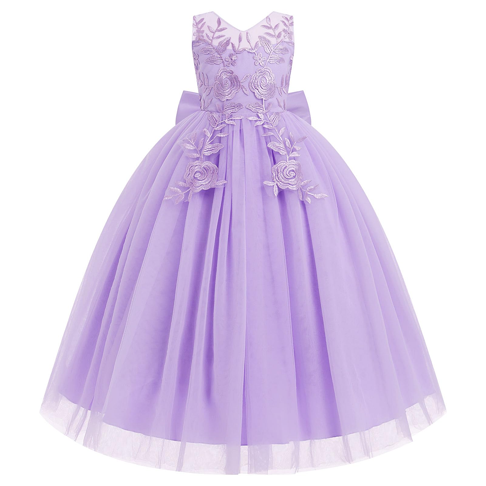 IDOPIP Flower Girl Lace Dress for Kids Wedding Bridesmaid Pageant Party Formal Long Gown Princess Communion Tulle Bow Dresses