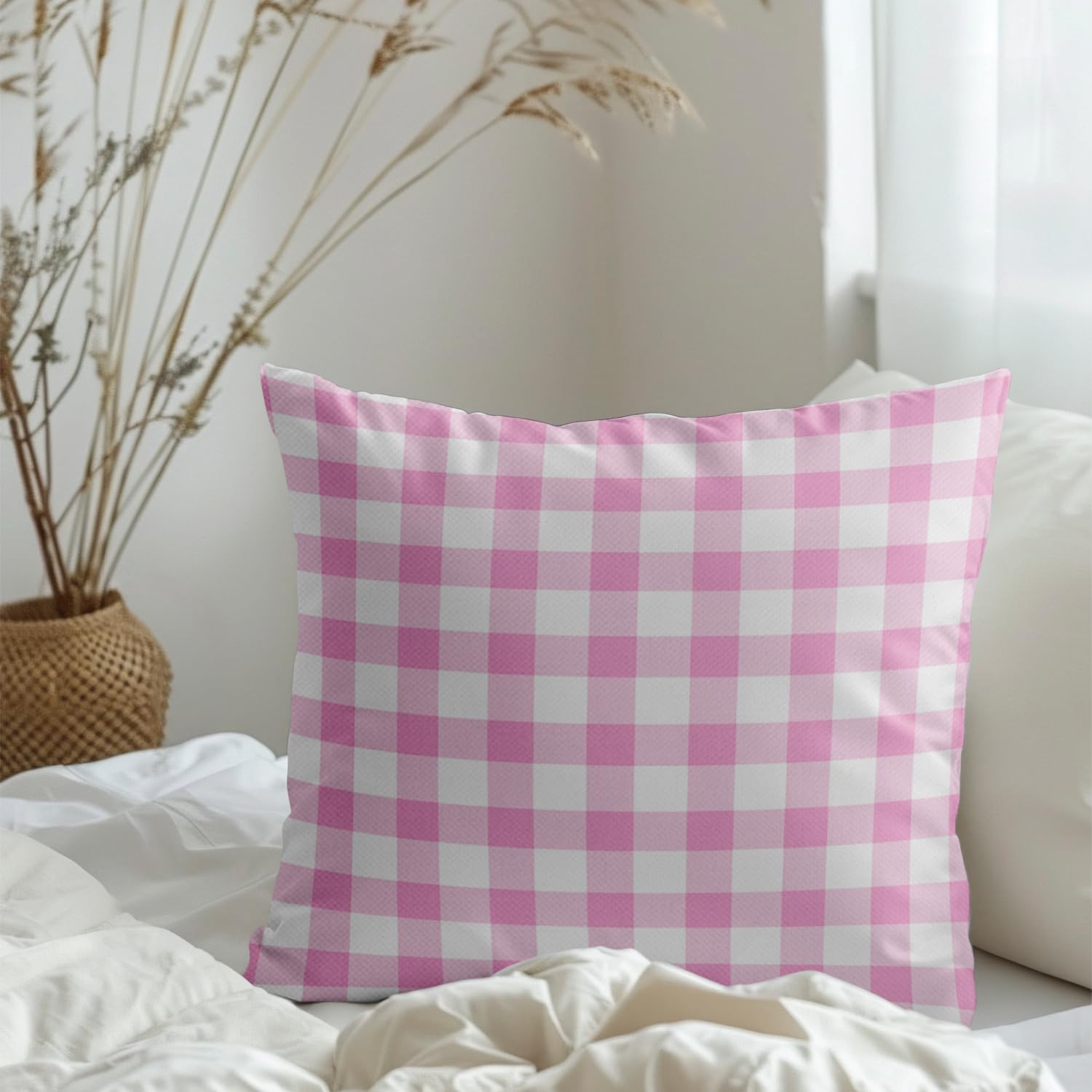 ggaimwf Gingham Pillow Cases 2 Pack 45x45cm Farmhouse Decorative Cushions Covers Pastel Checked Pink Square Throw Pillow Covers for Sofa Couch Living Room Bedroom Home Decor Scatter Cushion Case - Image 3