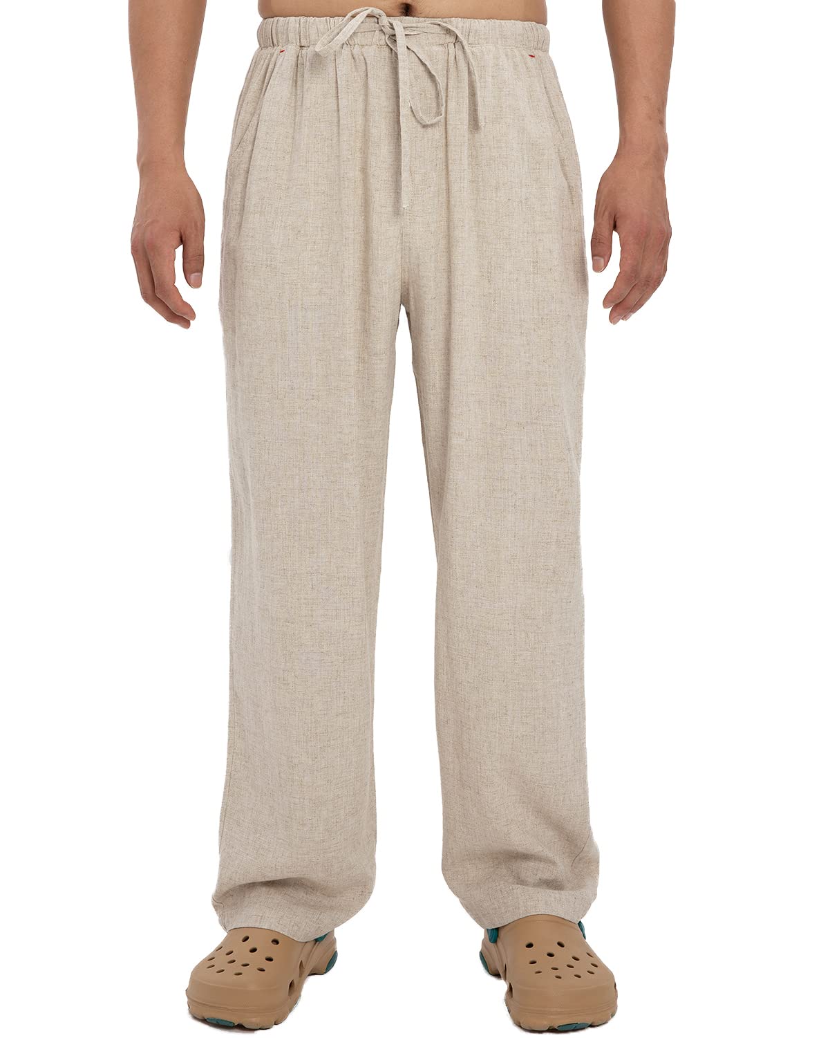 Men's Drawstring Loose Linen Beach Pants Lightweight Elastic Waist Yoga Lounge Cotton Trousers Pajamas