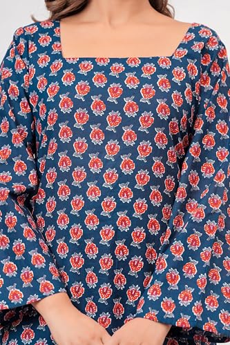 Image of Women's Blue & Red Printed Cotton Short Kurti | Bell Sleeve Straight Kurta | Pure Cotton Casual