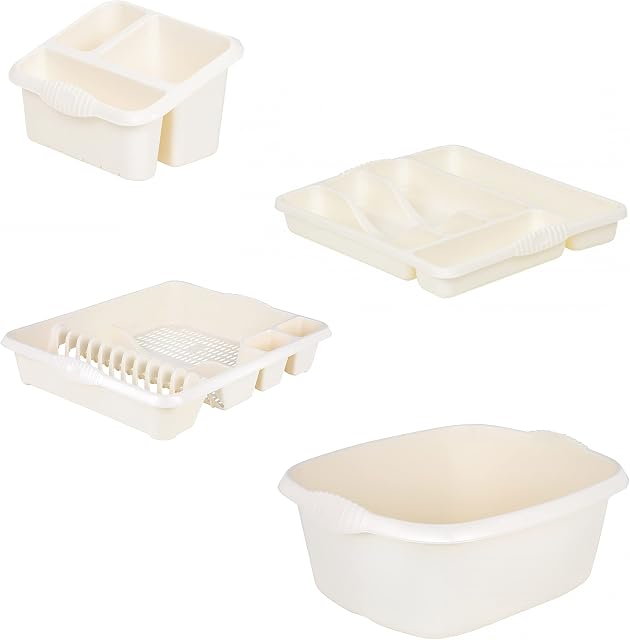 M1SS (Set of 4) - Plastic Large Kitchen Sink 39 cm Rectangular Washing Up Bowl, Sink Tidy, Large Dish Drainer And 7 Compartment Cutlery Tray (Soft Cream)