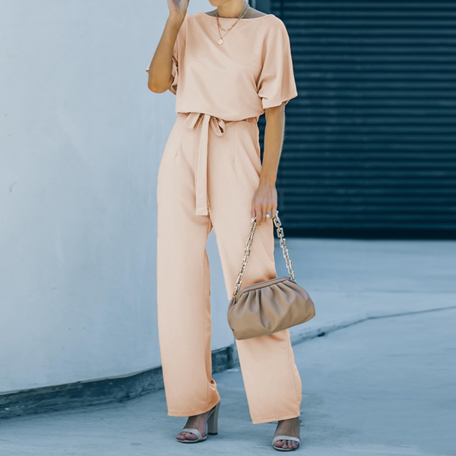 Damen Lang Jumpsuit Overall Hosenanzug Elegant Romper Kurzarm Rundhals Playsuit mit Gürtel Hosenanzug Breite Weites Bein Overall