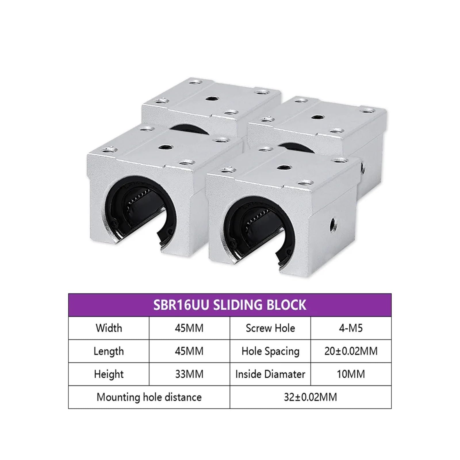 Lot de 4 blocs coulissants SBR16UU for guides linéaires SBR16, roulements à billes, support linéaire, chariot for routeur CNC