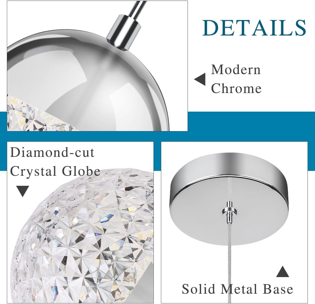 Pendant Lights Kitchen Island Chrome, Height Adjustable Modern LED Pendant Lighting, Crystal Globe Chandelier for Dining Room, 8W, 3000K/4000K/5000K Selectable, Dimmable, ETL 3-Pack