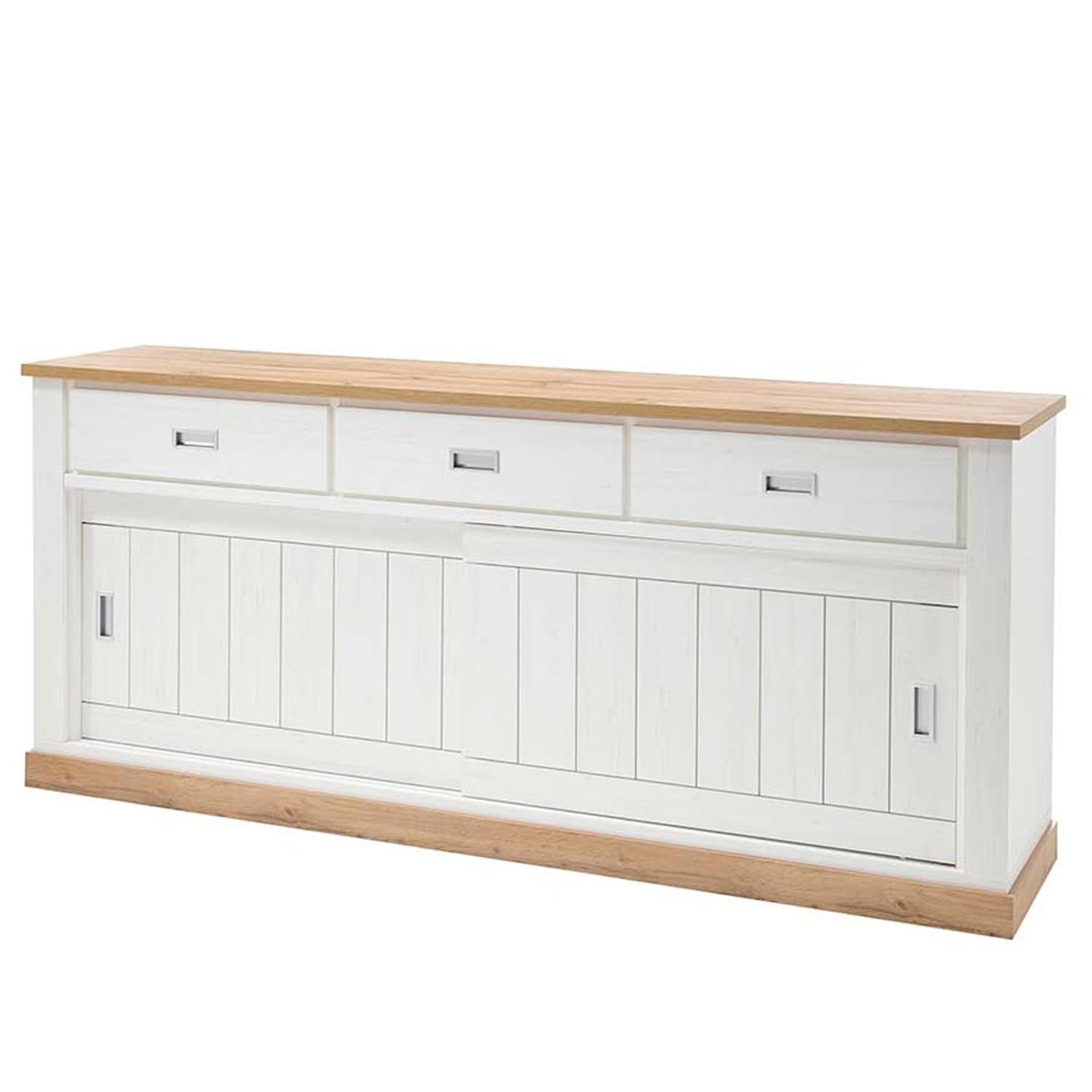 Arreditaly Credenza Soggiorno 3 Cassetti 2 Ante Scorrevoli 4 Ripiani Interni Mobile Buffet Madia Dispensa Cucina Zona Living Design Classico Moderno 220 x 50 x 95 Cm (Bianco e Rovere)