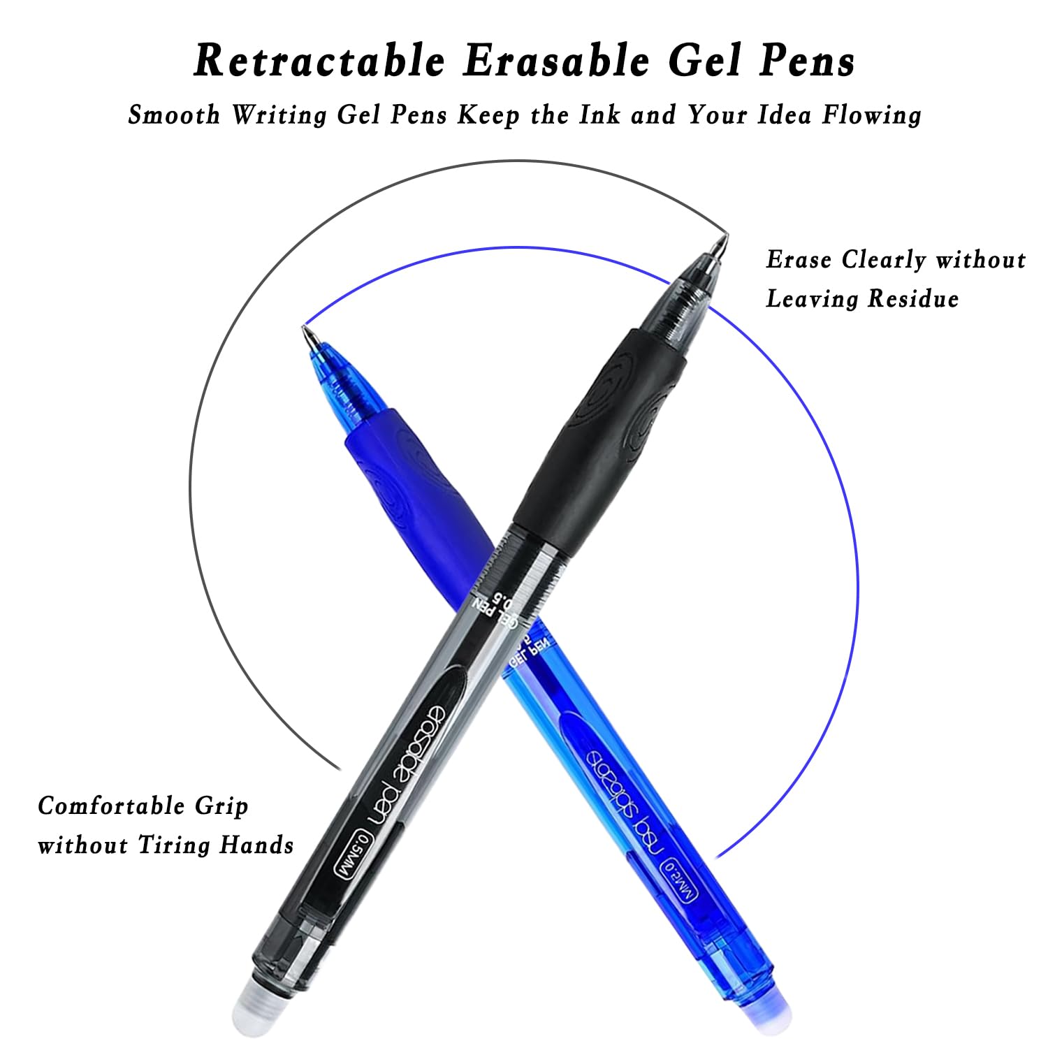 12 bolígrafos de gel borrables, punta fina Click de 0.5 mm, secado rápido, agarre cómodo, bolígrafos de escritura para escuela, oficina, exámenes (azul y negro)