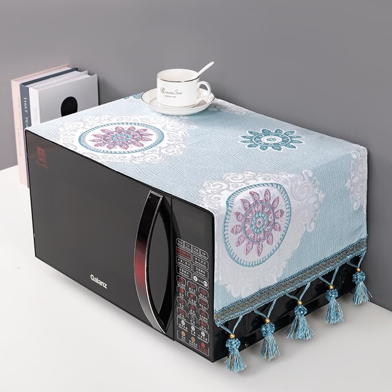 Image of Microwave Oven Cover by Motira - Floral Printed Top Cover with Premium Embroidery Designs and Elegant Tassels - Washable High-Quality Fabric Protector 35 x 80 CM (Blue).