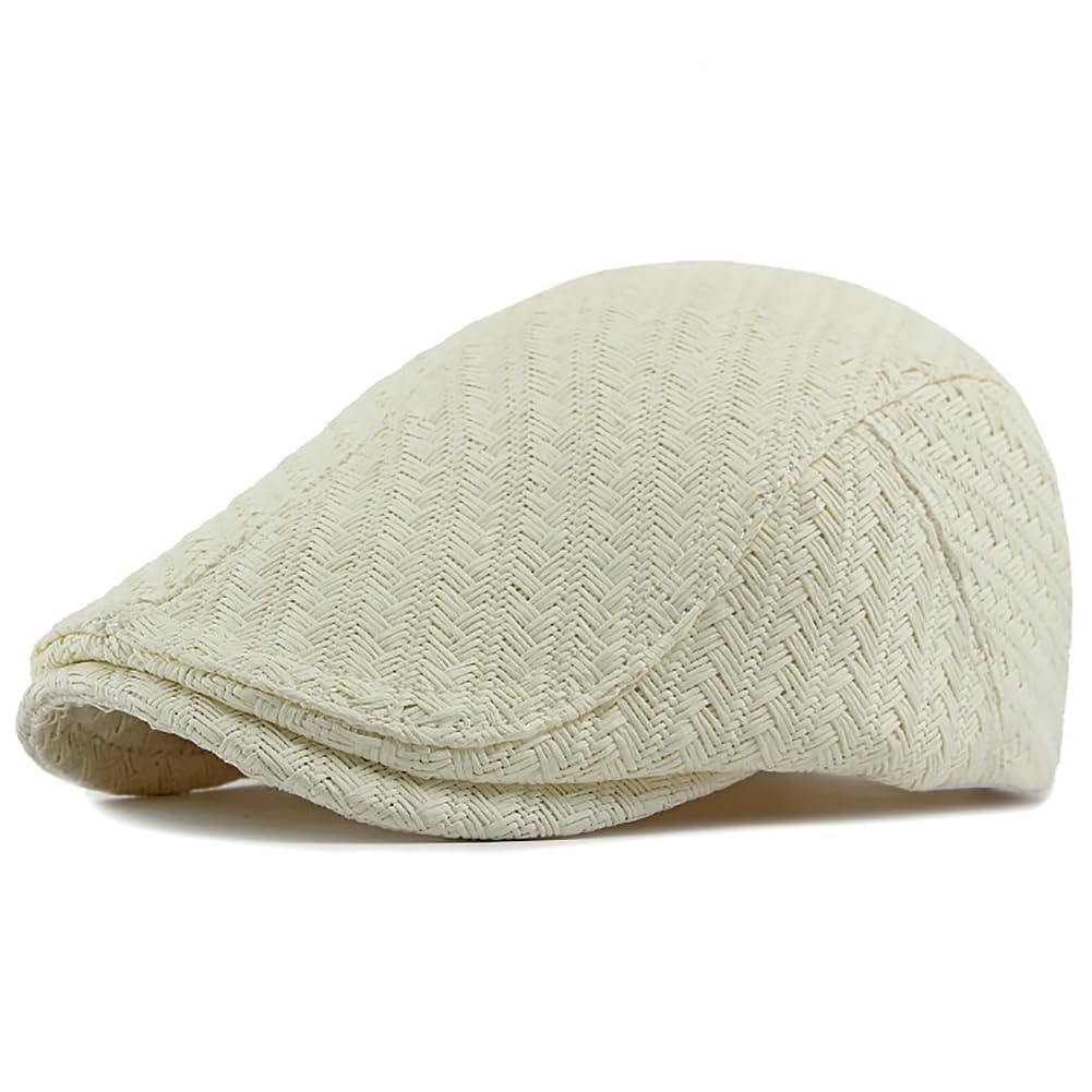 Generic Men's Straw Flat Cap Mesh Newsboy Hats for Summer Women Breathable Beret Cabbie Ivy Caps Driving Hat (US, Alpha, One Size, Beige)