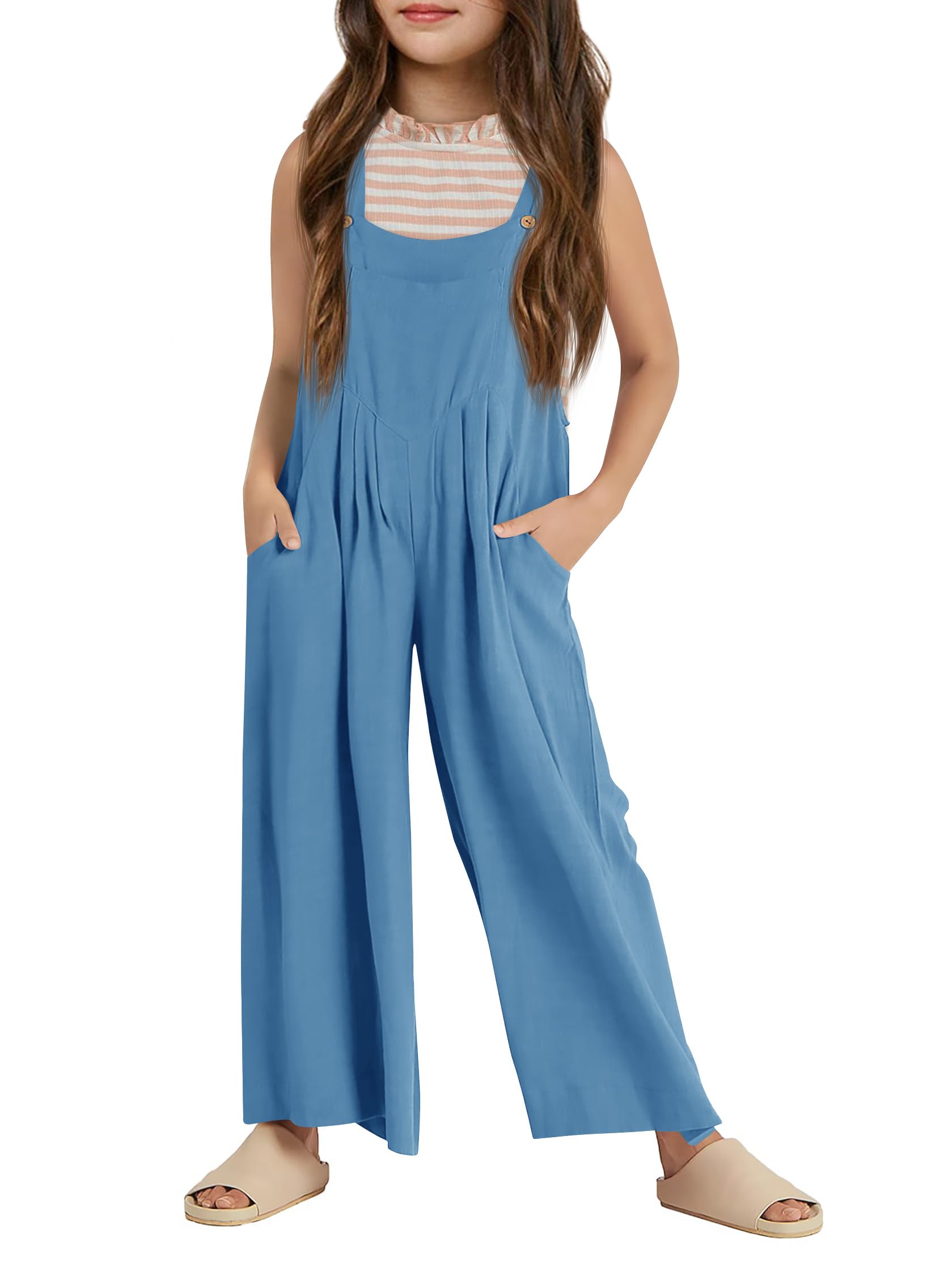 Haloumoning Girls Overalls Kids Casual Sleeveless Wide Leg Jumpsuit Loose Rompers with Pockets 5-14 Years