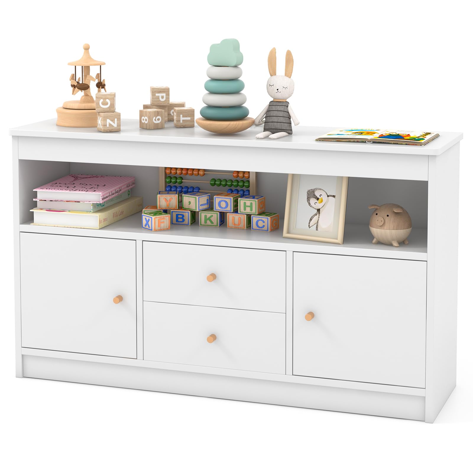 GOPLUS Organizador de Almacenamiento de Juguetes para Niños, Estantería con 2 Cajones, 2 Gabinetes Cerrados y 1 Compartimento Abierto, Mueble de Madera para Sala de Juegos (Blanco)