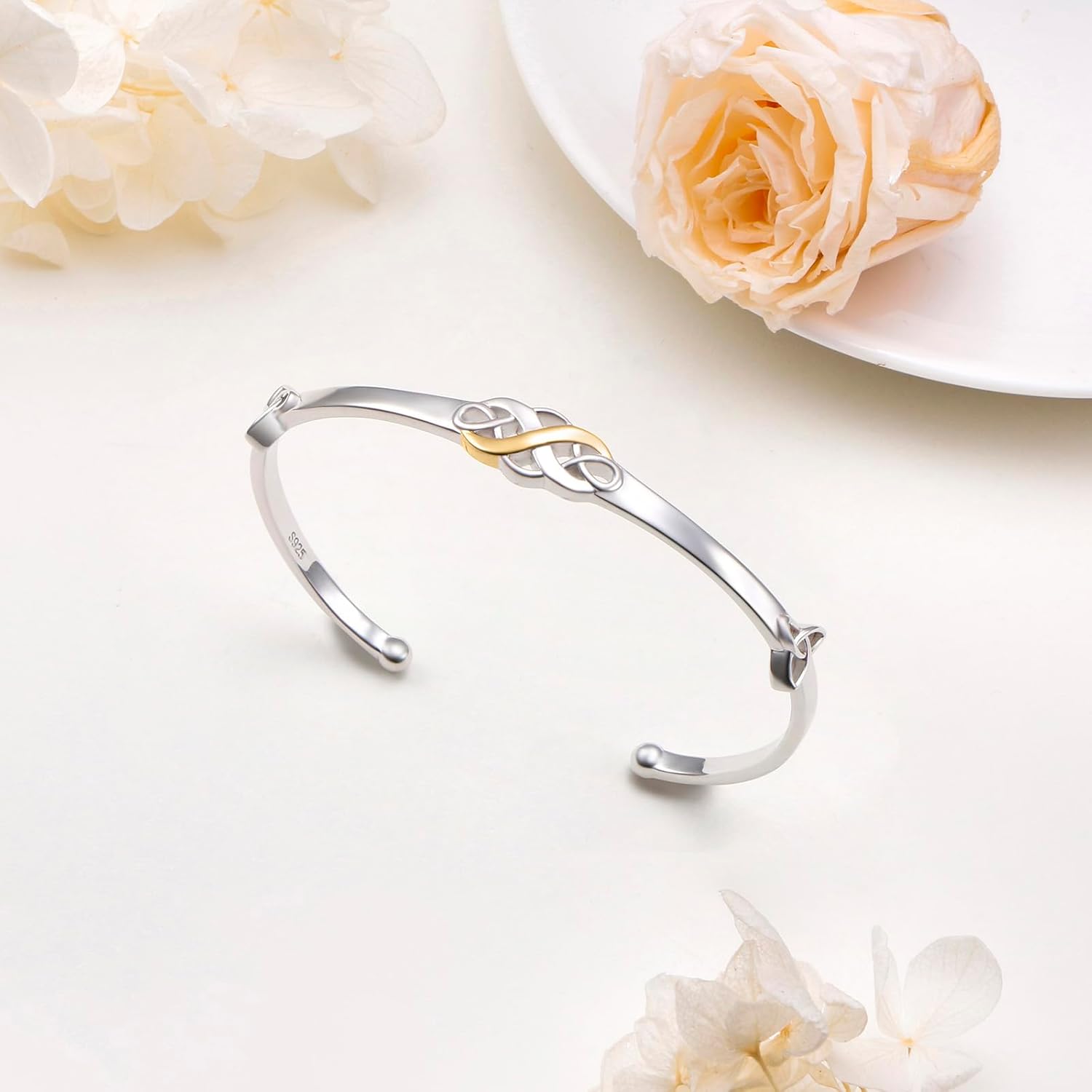 FLYOW Two Tone Irish Celtic Knot Bracelet 925 Sterling Silver Infinity Love Good Luck Irish Cuff Bangle Bracelet Birthday Valentine's Day Gifts Jewelry for Women - Image 4