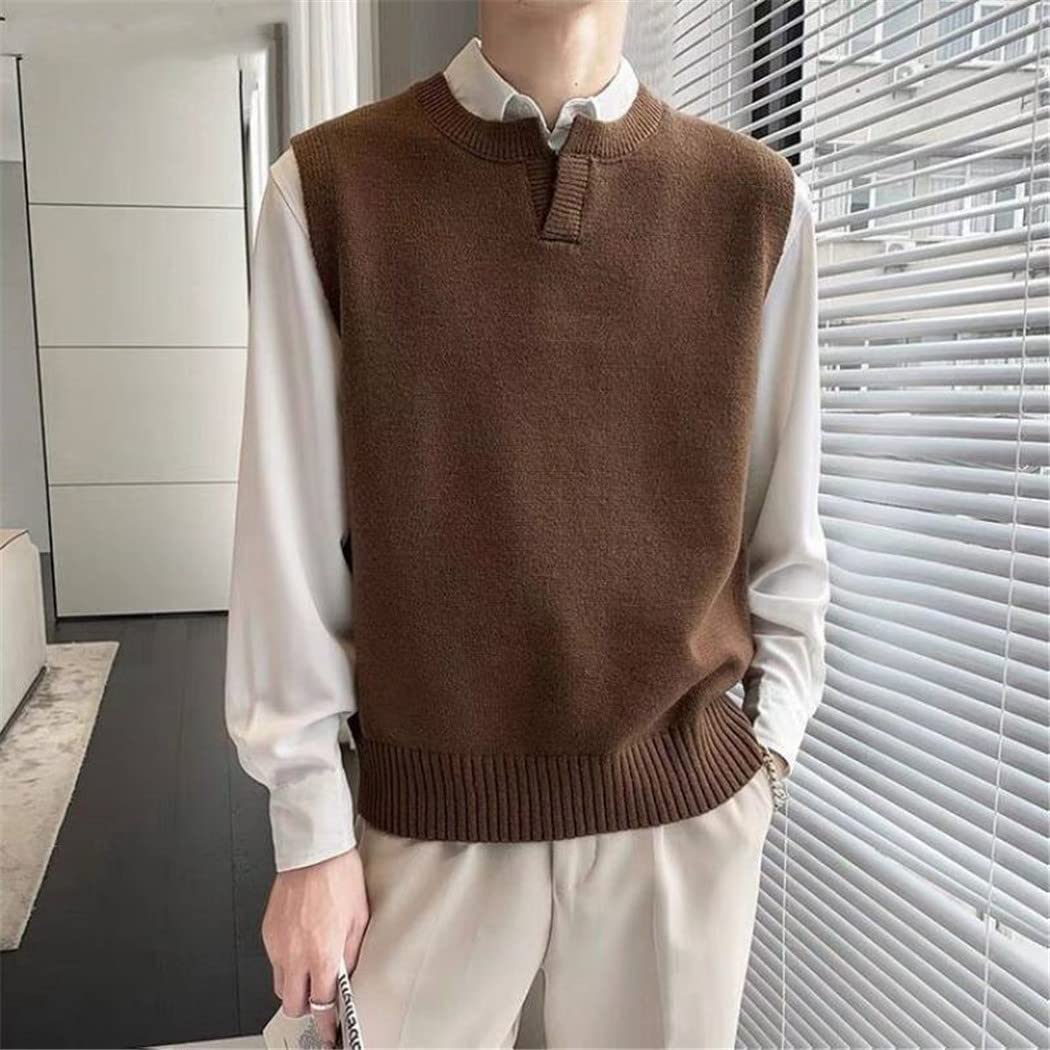 Suéter de los hombres delgado sin mangas chaleco otoño invierno casual color sólido chaleco cuello en V jersey de punto más tamaño, caqui, S