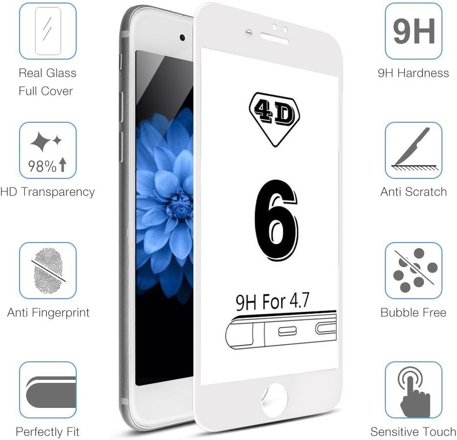 iPhone 6/6s Screen Protector Full Coverage Tempered Glass Screen Protector Film Edge to Edge Protection with Brightness 4D Touch 9H Hardness (White)