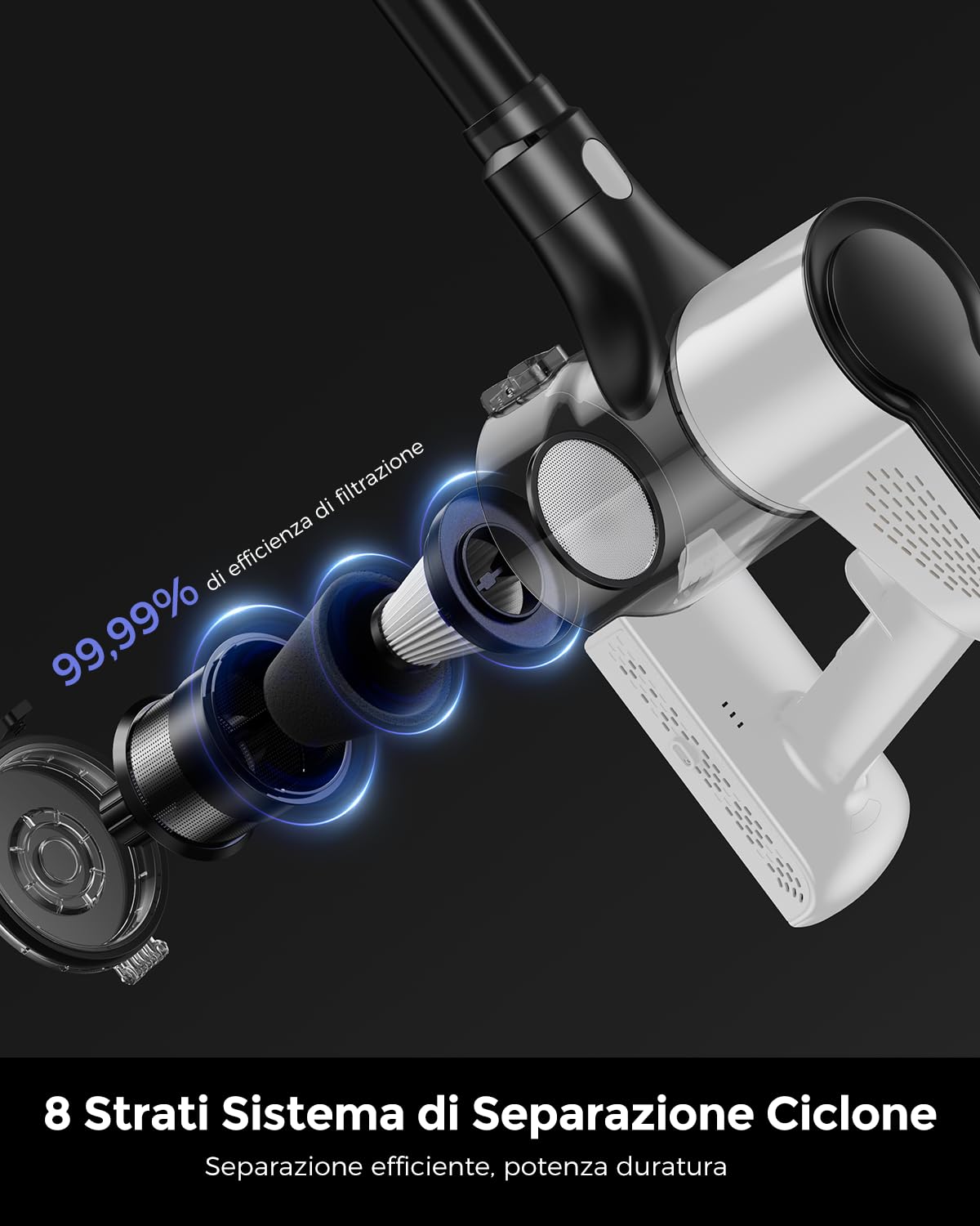 VACTechPro 550W/50Min/50KPA Aspirapolvere Senza Fili F02 Lite, Scopa Elettrica Senza Fili con Sistema di Filtraggio a 8 Strati, Aspirapolvere Senza Fili Potente per Pavimenti/Tappeti, Bianco E Nero