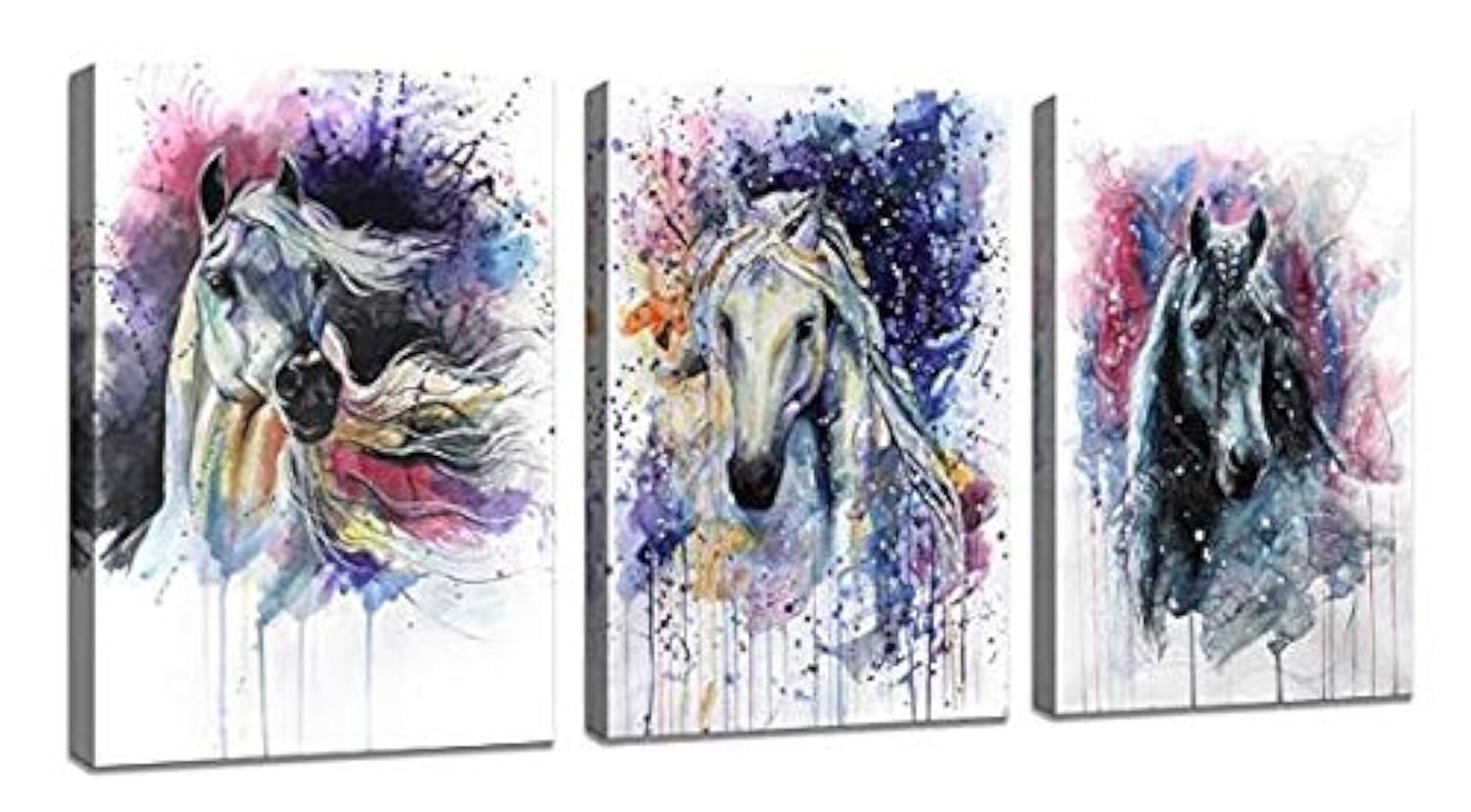 DZL Art D70246 Canvas Wall Art Horse Animal Painting Prints on Canvas Framed Ready to Hang-3 Panels Watercolor Horses Prints Fine Art for Home Wall Decor