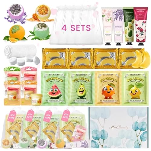 28Pcs Sleepover Party Supplies for Girls, 4 Set Spa Favors Kit with Masks, Eye Patches, Hand Cream, Lip Balm, Foot Baths, Ideal Birthday & Sleepover Gift, Safe for All Skin Types