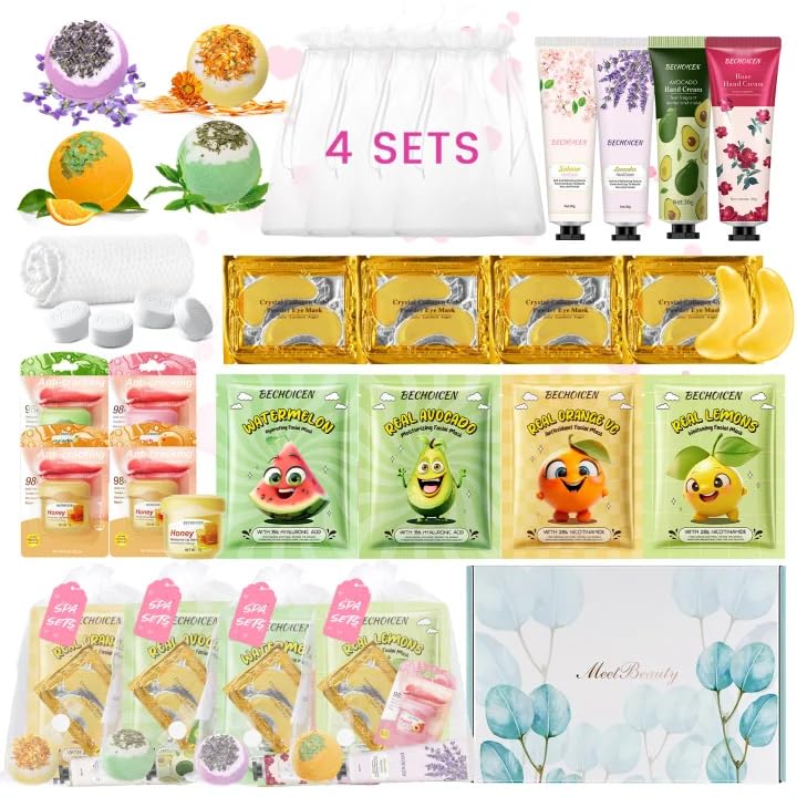 Kit de cuidados para festa BECHOICEN com máscaras faciais, adesivos para a região dos olhos, creme para as mãos, bálsamo labial e bombas de banho para os pés, 28 peças