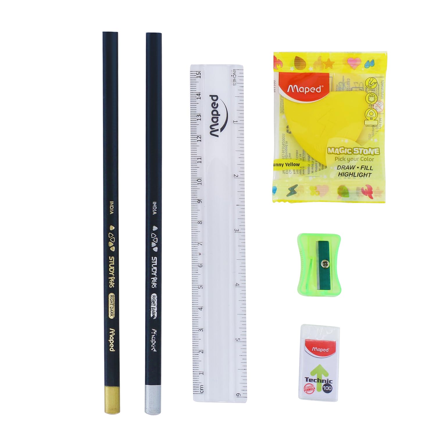 MAPED Essential Writing Kit-Pack Of 20|2 Grey Pencils, 1Magic Stone, 1 Longtip Sharpener, 1 Eraser, 1 Scale| Birthday Return Gift|Writing Kit For Students|Stationery Kit|Gift Set For Kid And Students — Amazon image 4