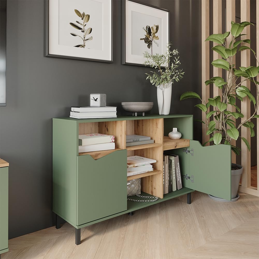 Vicco Credenza Marelle, Verde/Artigianale, 120 x 81.3 cm | con 2 porte, per la conservazione di abiti, libri o oggetti domestici