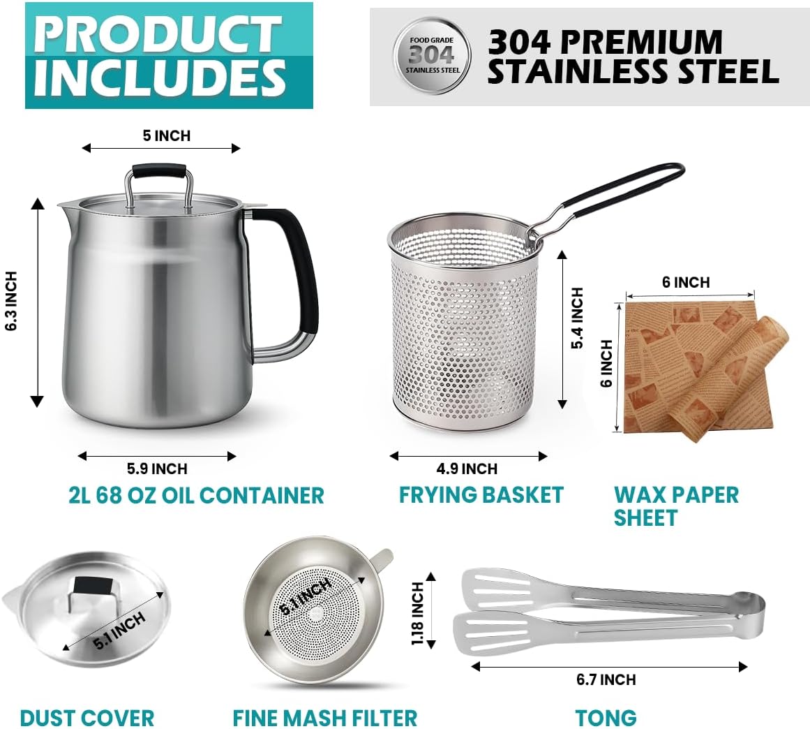 68oz 3-in-1 304 Stainless Steel Oil Filter Pot with Fine Mesh Oil Strainer & Tong, Heat-Resistant Handle, 2LCapacity Bacon Grease Container for Kitchen & Camping,Multi-Functional Frying Oil Container.