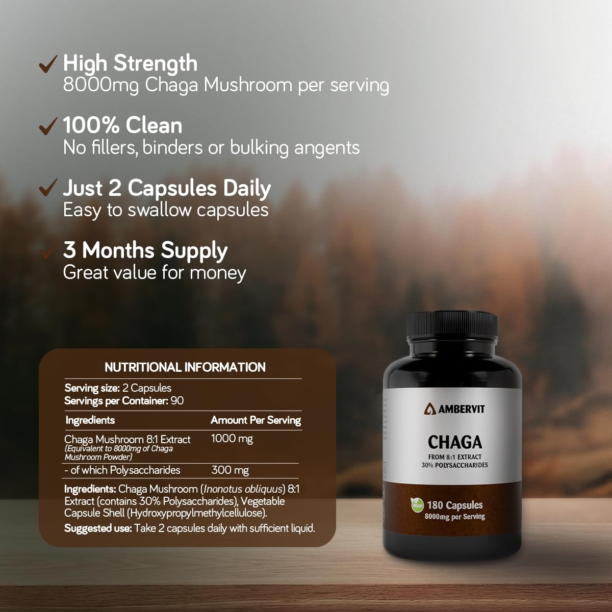 Chaga 8000 mg – 180 Gélules – 30% Polysaccharides Bioactifs – Double Extrait du Corps Fructifère Fortement Dosé – Récolté à l’État Sauvage sur Bouleaux d’Europe du Nord – Ambervit