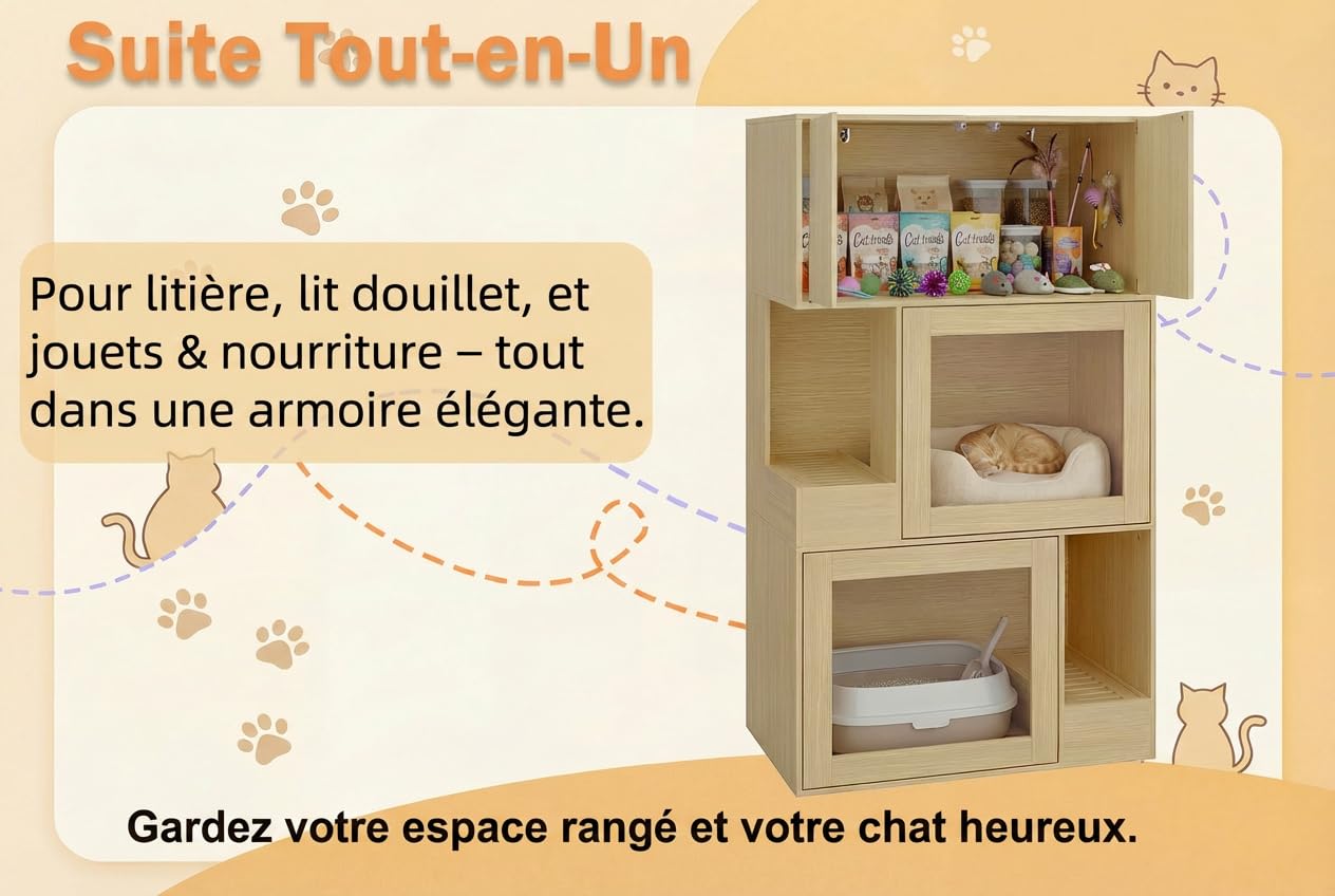 Armoire pour chat avec bac à litière à 4 portes Armoire pour chat avec compartiments ouverts Meuble Bac à Litière Chat Maison pour chat d'intérieur cachée Maison pour chat pour chambre à coucher salon