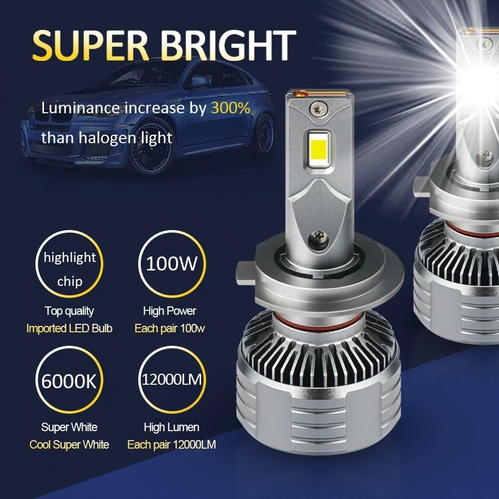 2 faros delanteros F13 de 20.000 lm, 100 W, H7 LED, H4, CANbus, CSP 3570, H1, H11, 9005, Hb3, Hb4, 9012, blanco puro, 6000 K, 12 V(9005/HB3)