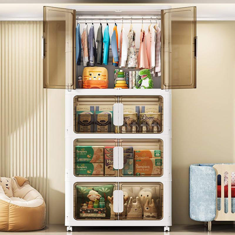 Image of YASONIC Plastic Wardrobe for Kids, Baby Cupboard for Storage, 12 Cubes Almirah, Cupboard for Clothes, Collapsible Wardrobe for Metal Utility Storage Cart with Wheels (WHITE-SJM01060-3)