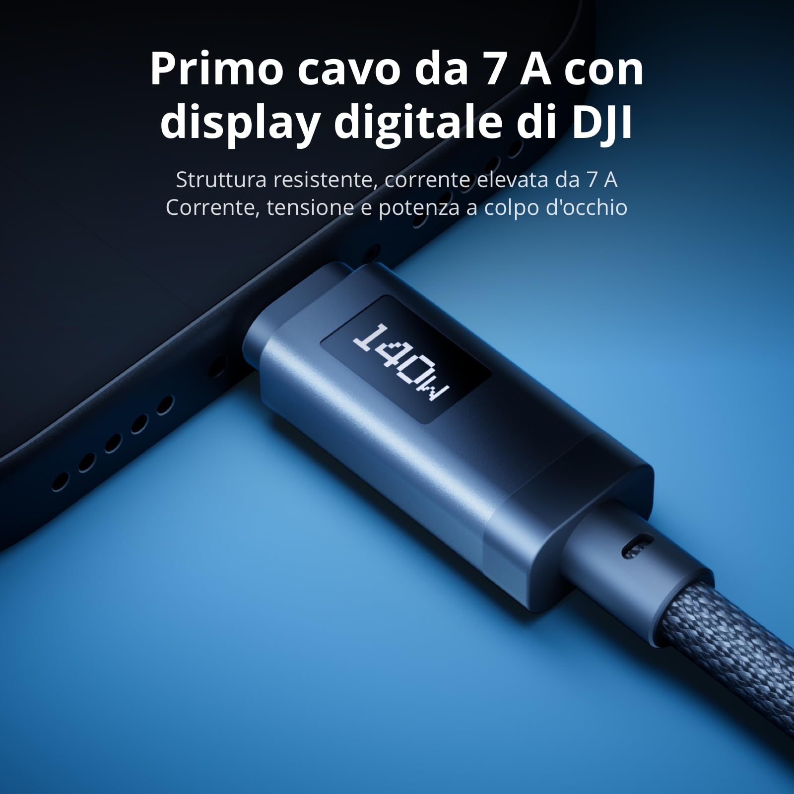 Combo di ricarica GaN da 140 W DJI Power con cavo da 7 A con display (1 m) | Uscita da 140 W, 3 porte, controllo della temperatura, ricarica rapida, PD 3.1, caricabatterie per computer portatili