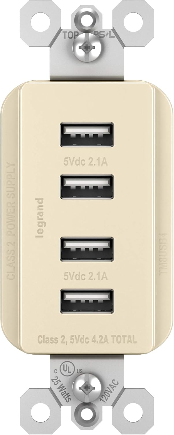 Legrand Radiant 15 Amp Decorator Wall Outlet with 4.2 Amp USB Charger, Quad, Multi Port Charging Station, Light Almond, TM8USB4LACC6